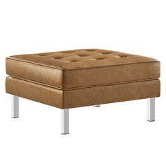 Modway Loft Tufted Button Vegan Leather Upholstered Square Ottoman in Silver Tan
