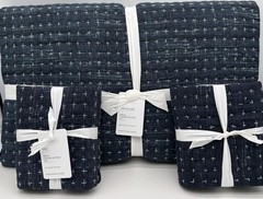 Pottery Barn Arlo Cross Stitch KING Quilt & 2 KING Shams ~ Indigo Blue