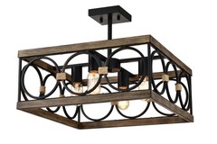 4-Light Square Kitchen Island Light Farmhouse Wood Black Metal Ceiling Fixture