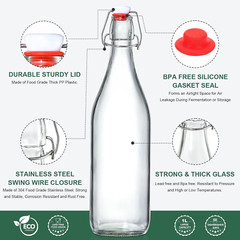 8 Pack [1 Liter / 33 Fl. Oz.] Swing Top Glass Bottles W/ Airtight Stopper Lids –