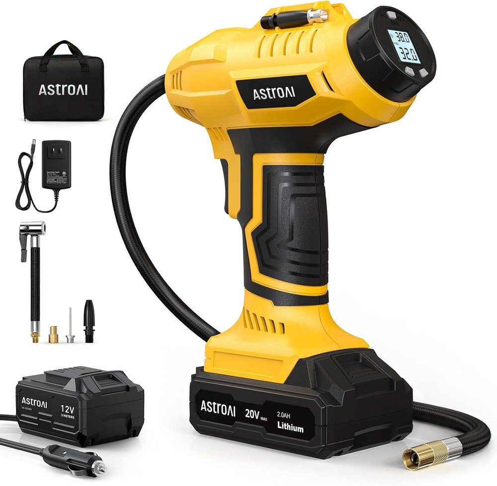 YELLOW AstroAI Cordless Tire Inflator Air Compressor 20V Rechargeable Portable