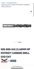 928-000-345 | 5.40MM HP PATRIOT CARBIDE DRILL 5XD CNT