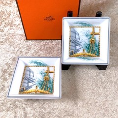 Hermes Mini Change Tray Porcelain Ashtray Patchwork 8x8cm Set of 2 with Case