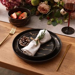 Pokini Black Gold Splash Dinnerware Sets, Marble Porcelain Plates and Bowls S…
