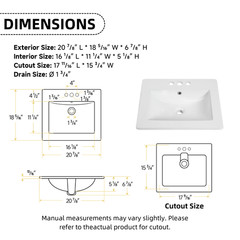 21″x18″ White Drop-In Bathroom Sink Ceramic Rectangular 4″ Centerset Faucet Hole
