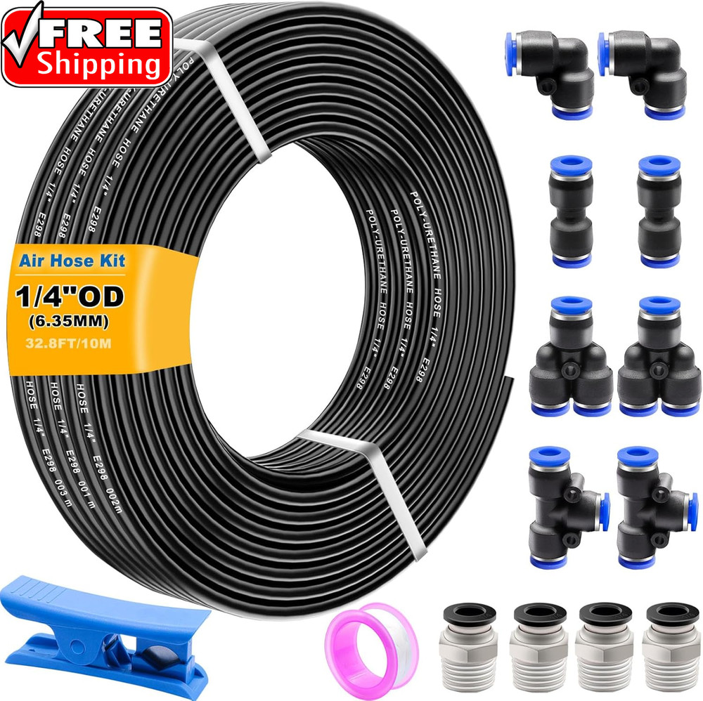 Air Line Tubing Kit,1/4″ Air Hose,1/4″ (6.35MM) OD 32.8FT Polyurethane PU Air Ho