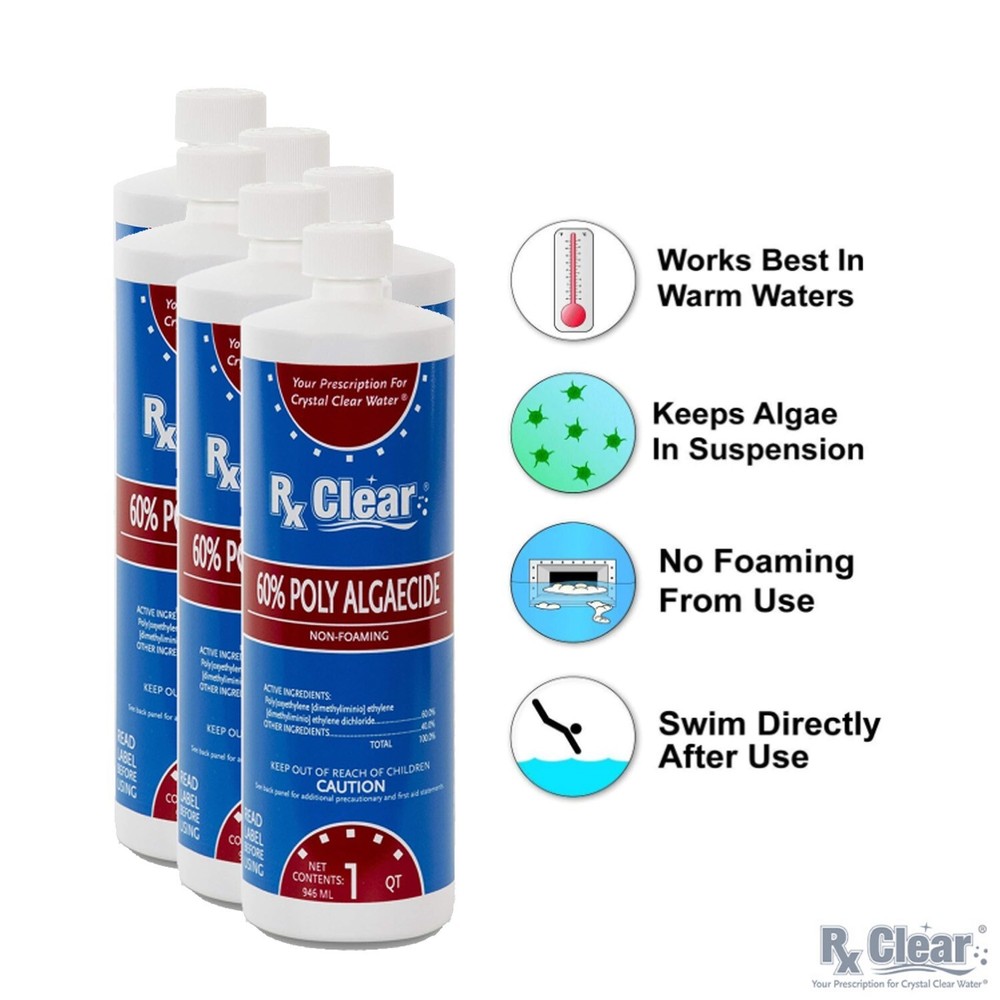 Rx Clear Swimming Pool 60 Plus Prevents Algaecide Chemical – 6 x 1 Quart Bottles