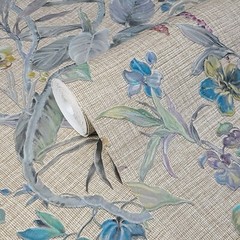 Floral plants Brown green blue metallic faux woven fabric textured wallpaper 3D