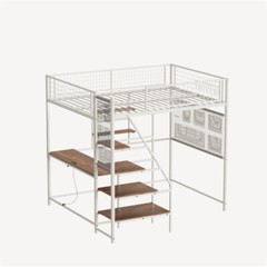 Full Size Metal Loft Bed with Desk,Storage Shelves & LED Light for Teens Adults