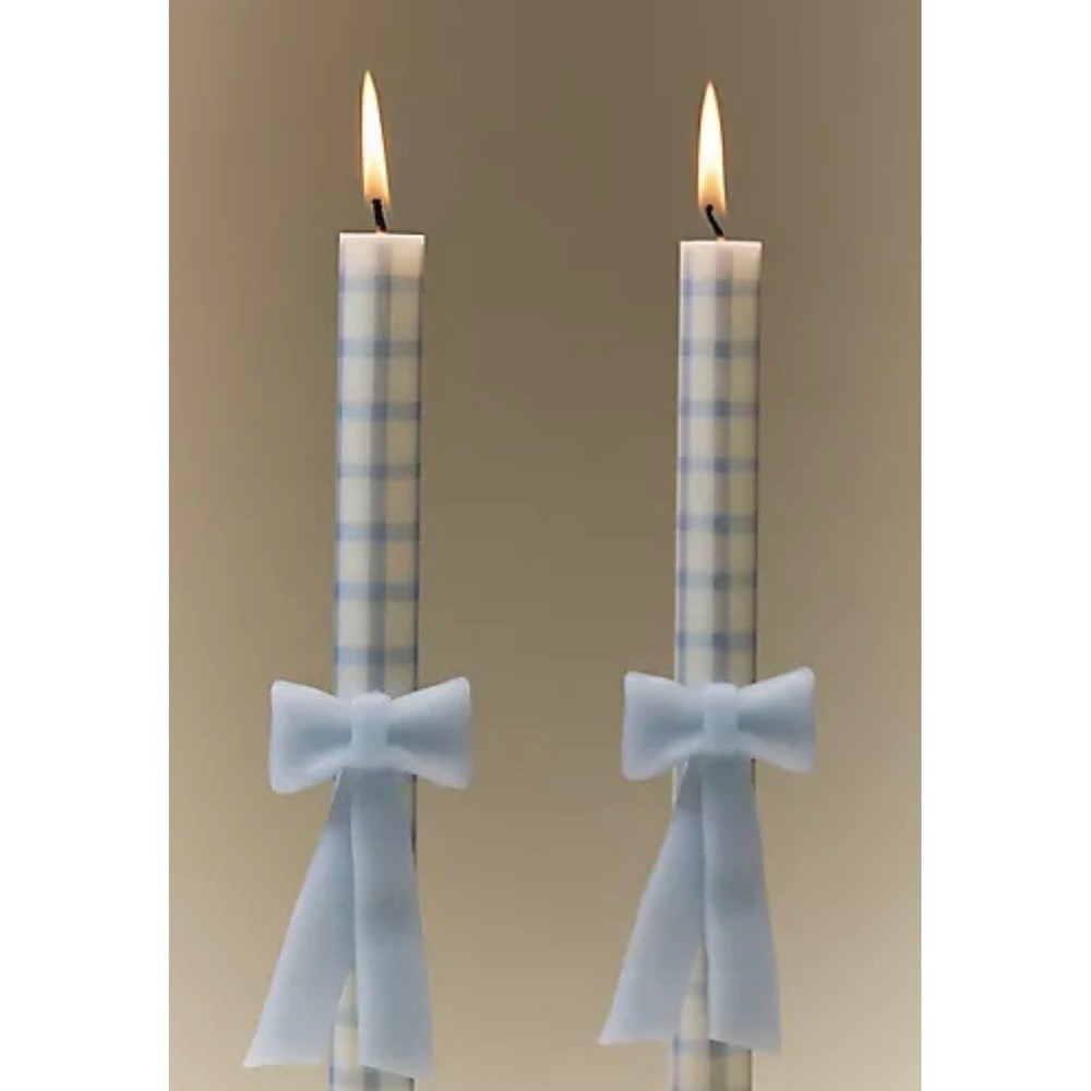 Anthropologie Blue Gingham Hand Sculpted Bow Taper Candles Set of 2 9.8in NEW
