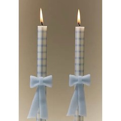 Anthropologie Blue Gingham Hand Sculpted Bow Taper Candles Set of 2 9.8in NEW