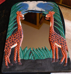 Vtg Hand Carved Painted WOOD MIRROR Jungle Giraffes 18.5″ Orange Green Blk BALI