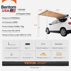Vehicle Awning 4.6’X6.6′ Roof Rack Pull-Out Sun Shade UV50+ Pu3000Mm, Retractabl