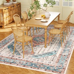8×10 Area Rug, Vintage Machine Washable Rug for Bedroom, Brown Blue