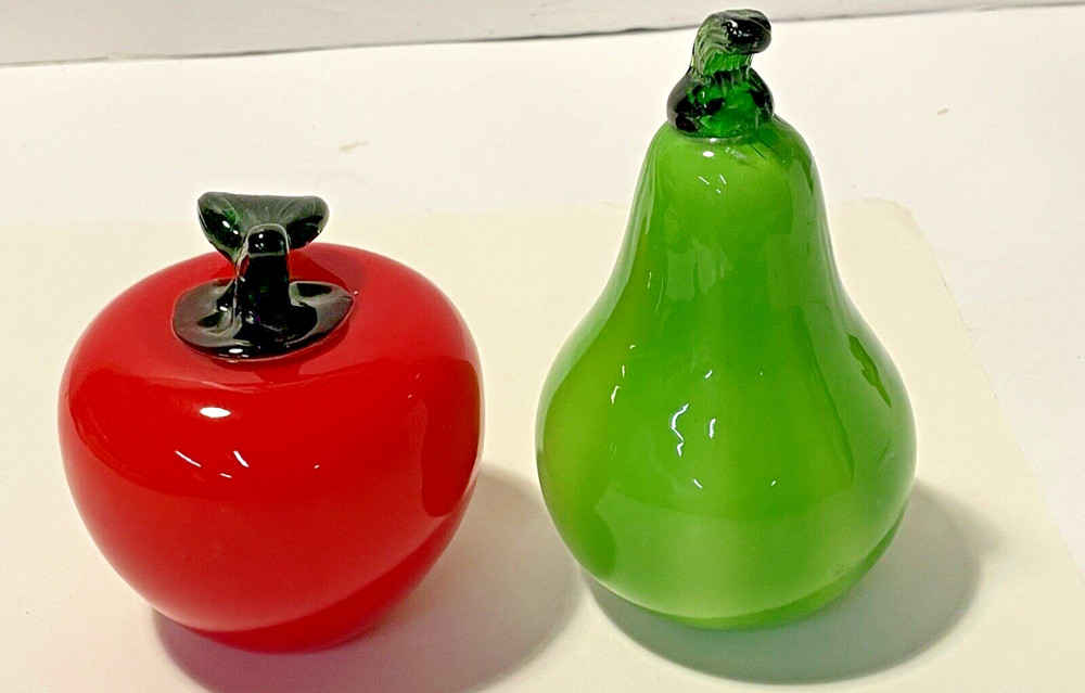 Lot Of 2 Vintage Murano Style Fruits Hand Blown ART Glass Decor PEAR & Apple