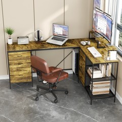 9.5FT L-Shaped Home Office Computer Desk 6 Drawers Monitor Stands Power Outlets