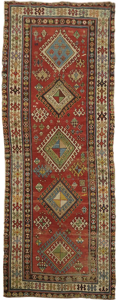 Pre-1900 3×8 Antique Oriental Runner Wool Runner Rug in Multicolor