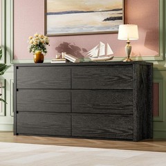 Wide 6 Drawer Dresser Black, Handle Free Wood Chest for Bedroom Living Room