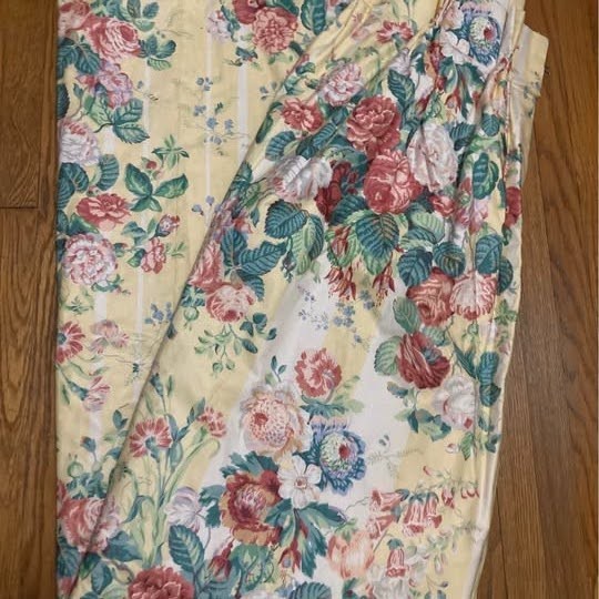 Custom-made vintage yellow-and-white floral stripe pinch-pleated curtains and va