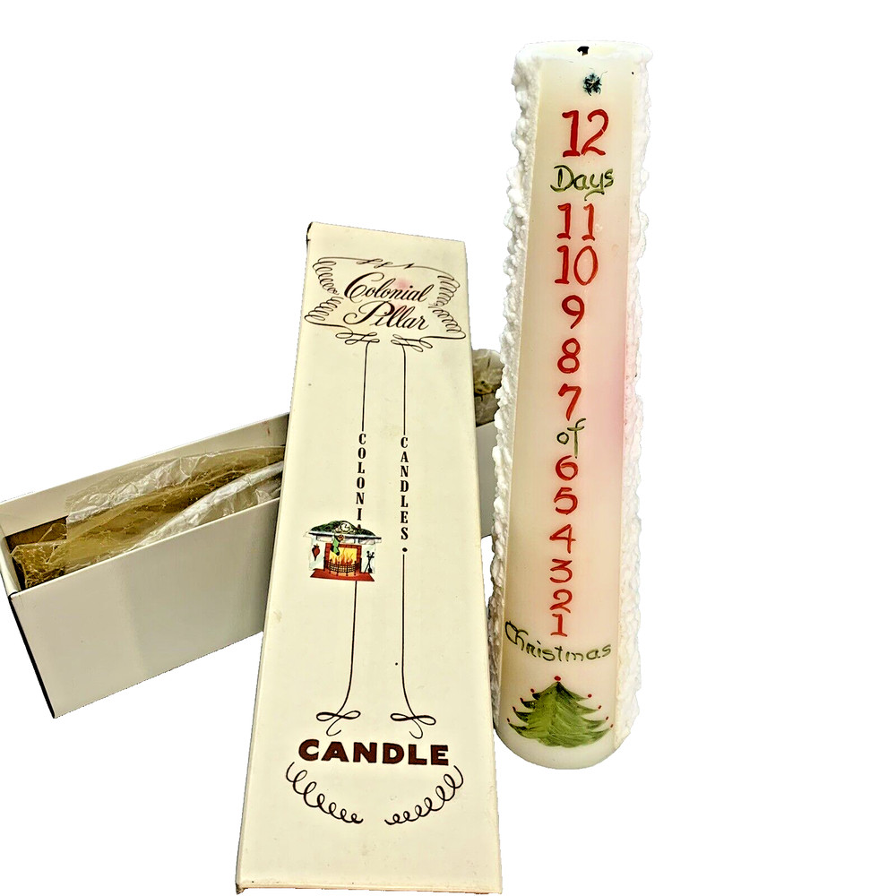 Large Colonial Pillar 14 in White Candle made USA 12 Days of Christmas Used Vtg