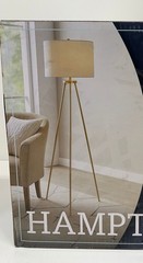 Hampton Bay Quinby 58 in. Gold Tripod Floor Lamp White Fabric Shade New(OPEN)