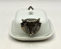 RARE Pillivuyt France Porcelain Butter Pat Dish, Silver/ Pewter Cow Head & tail