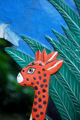 Vtg Hand Carved Painted WOOD MIRROR Jungle Giraffes 18.5″ Orange Green Blk BALI