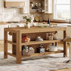 63-Inch Farmhouse Solid Wood Kitchen Island with Storage Shelves for Dining Room