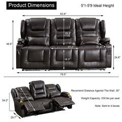 Recliner Sofa 3-seater Reclining Couch PU Leather Loveseat Home Theater Seating