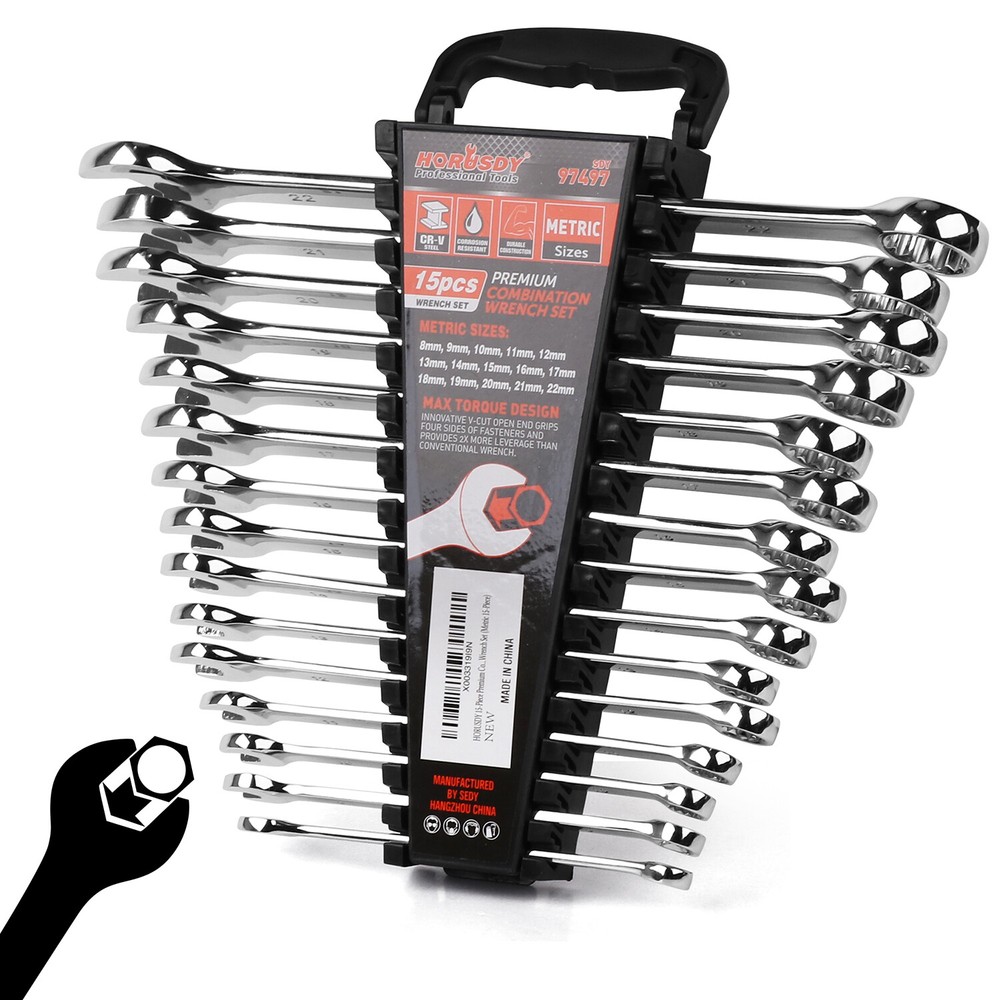15PC Combination Spanner Wrench Ring Open Ended 8-22mm Metric 12 Point “V” Notch