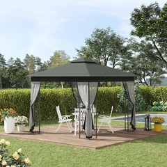 10′ x 10′ Outdoor Patio Gazebo Canopy Roof Steel Frame w/ Mesh Sidewalls, Grey