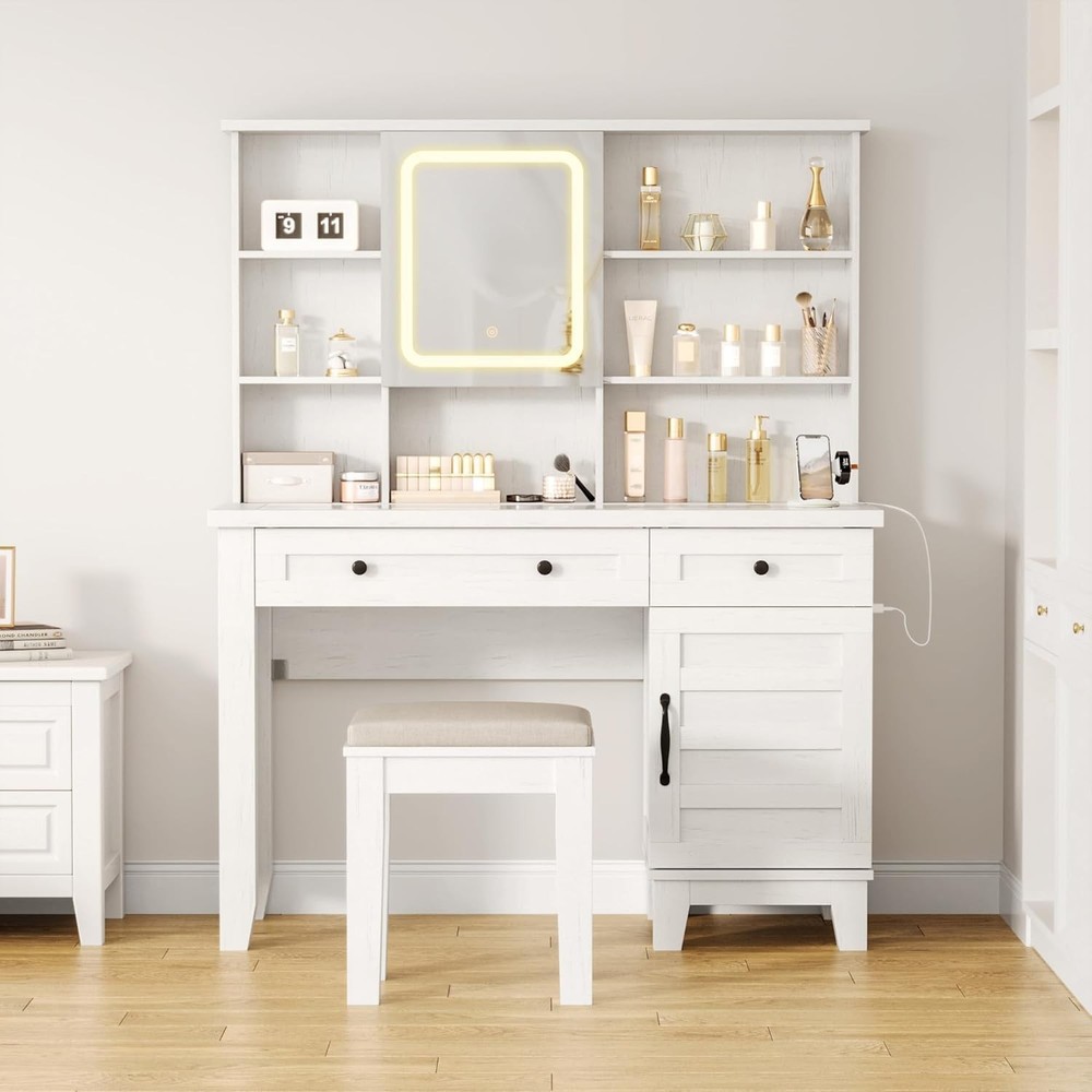 Farmhouse Makeup Vanity Desk, 57″ Tall Makeup Table with Wood Stool & 2 Drawers