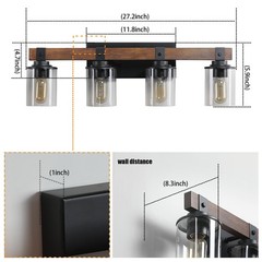 27″ Rustic 4-Light Vanity Light with Glass Shades and Wood Accent