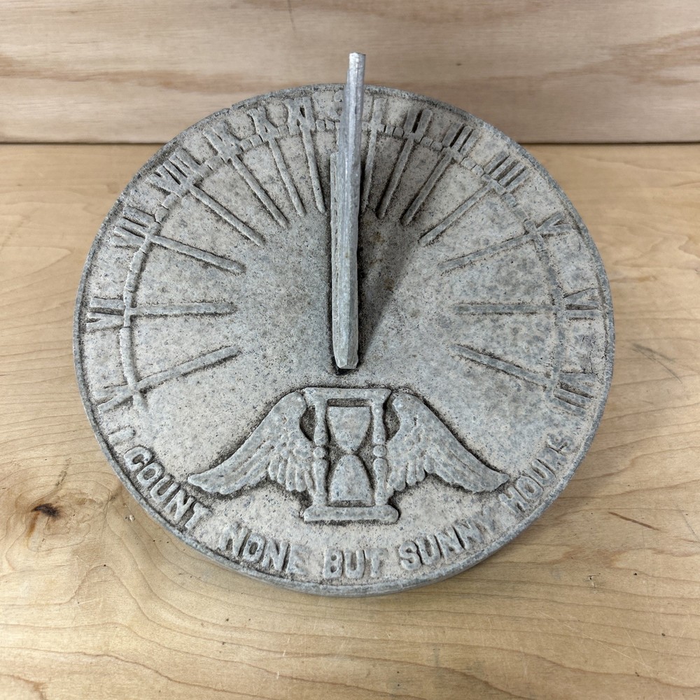 VTG 9” Sundial “I Count None But Sunny Hours” Winged Hourglass Garden Patina