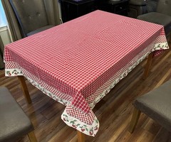 Red And White Check Cotton Tablecloth With Wide White & Cherry Border 52”x78”