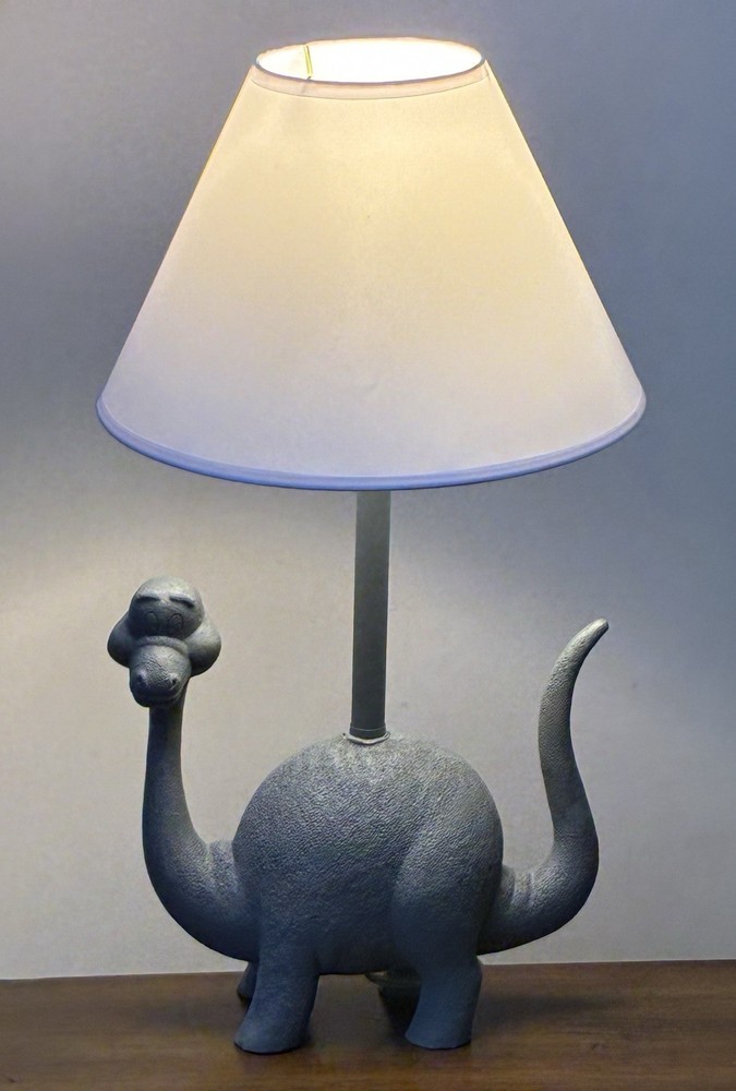 Brontosaurus Dinosaur Lamp with 10″ Diam White Shade Gray Resin Nursery Decor