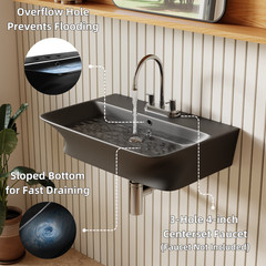 24″ Matte Black Wall Mount Bathroom Sink 4″ Centerset with Overflow & 3 Holes