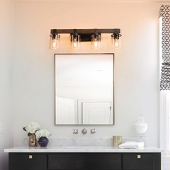 27″ Rustic 4-Light Vanity Light with Glass Shades and Wood Accent