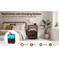 Nightstand Bedside Table W/ 2 Drawers Charging Station Shelf Bedroom Side Table