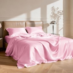 Pink Satin Queen Bed Sheet Set 4 Piece Silky Soft Deep Pocket Luxury Bedding