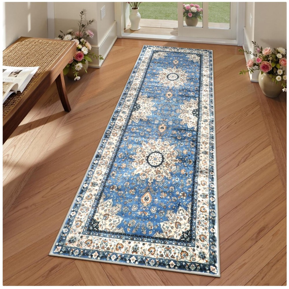 Blue Oriental Floral Medallion Runner Rug