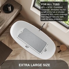 Extra Large Non-Slip Bath Mat 40×16, Machine Washable with Drain Holes, Gray