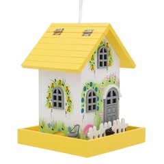 Radiant Treasures Wooden Flower Cottage Handmade Birdhouse in White & Yellow