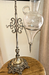 Vintage Wine Dispenser/Aerator – Etched Crystal – Iron & Silver Plate – Nice