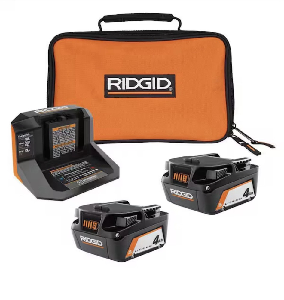 RIDGID 18V Lithium-Ion (2) 4.0 Ah Battery Starter Kit with Charger and Bag