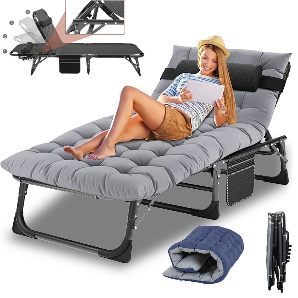 Begonia.K Adults Reclining Folding Chaise Adjustable 4-Gears Sleeping Cots Bed