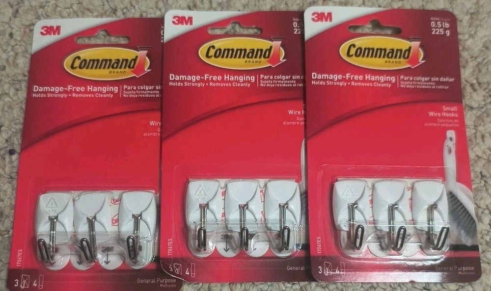 3 Packs – 3M Command Damage-Free Hanging 225 g( 0.5 lb) 3 Hooks 4 Small Strips