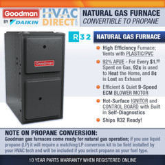 Goodman NG/LP Gas Furnace 80000 BTU 92% AFUE Upflow / Horizontal 1 Stage GR9S92