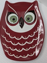 Vintage Katie Brown Owl Serving Platter Meijer Whimsical Red White Green Eyes