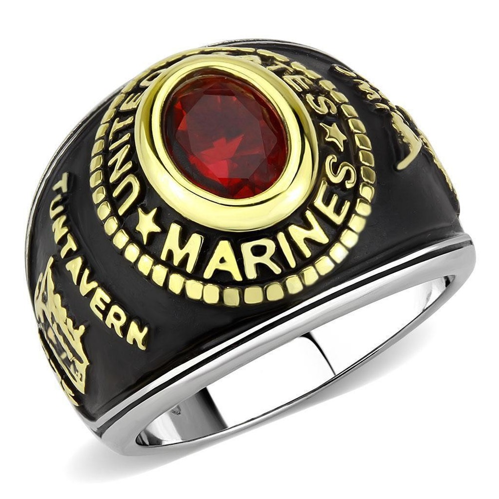 United States US Marines Ring Military Rings Red Synthetic Stone Black Stainless
